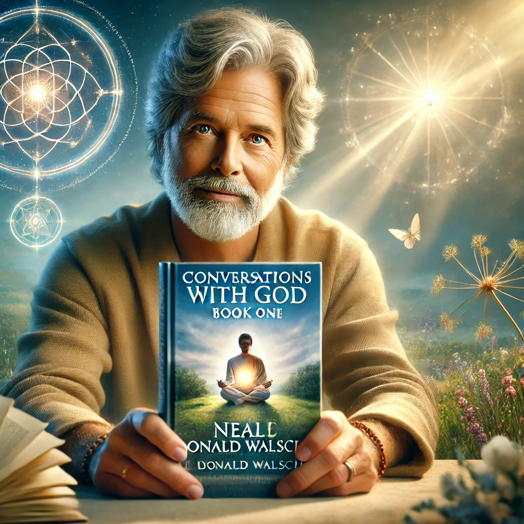 Neale Donald Walsch with a copy of Conversations with God: Book One, symbolizing the integration of his teachings with Illumibot.