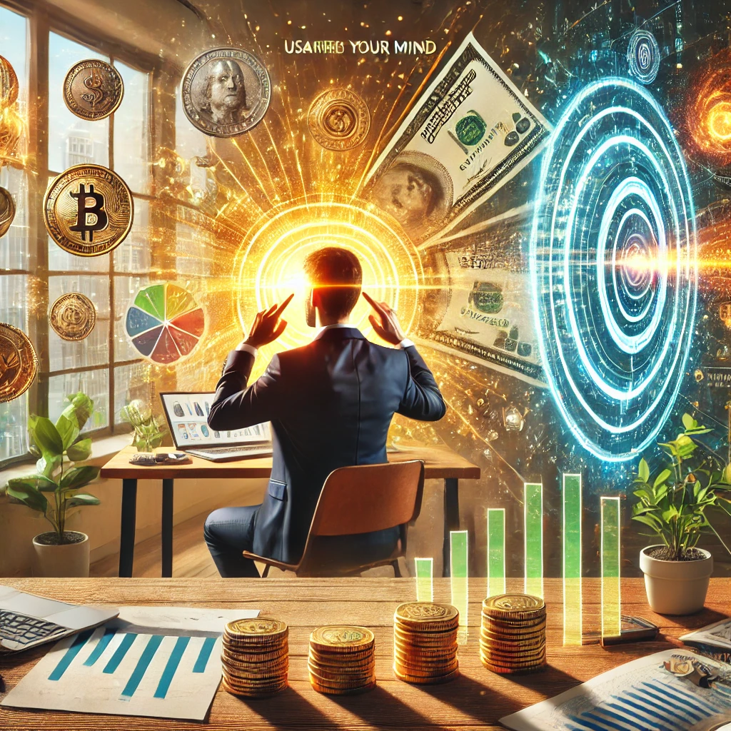 A person actively working on transforming their relationship with money by writing positive affirmations, visualizing financial goals, and surrounded by symbols of prosperity in a vibrant, modern workspace.