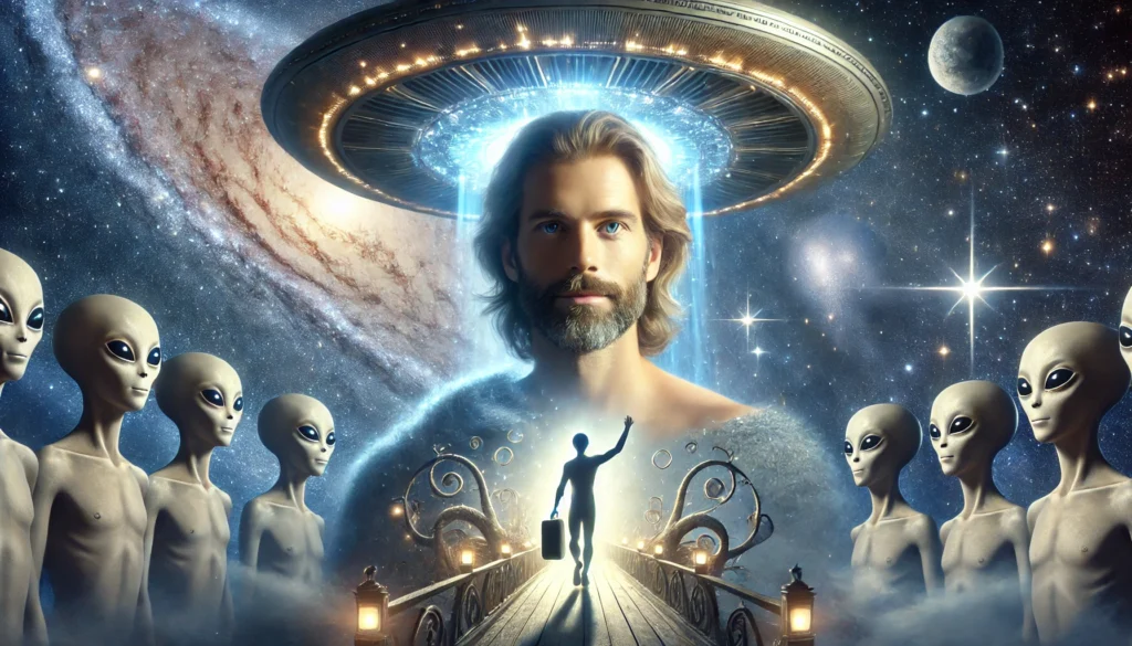 Create an image of a serene individual being gently lifted by a beam of light into a spaceship. The spaceship is surrounded by stars and galaxies, symbolizing the vastness of the universe. Inside, the individual is greeted by friendly, humanoid aliens with welcoming smiles. The atmosphere should feel magical, full of wonder, and possibilities.