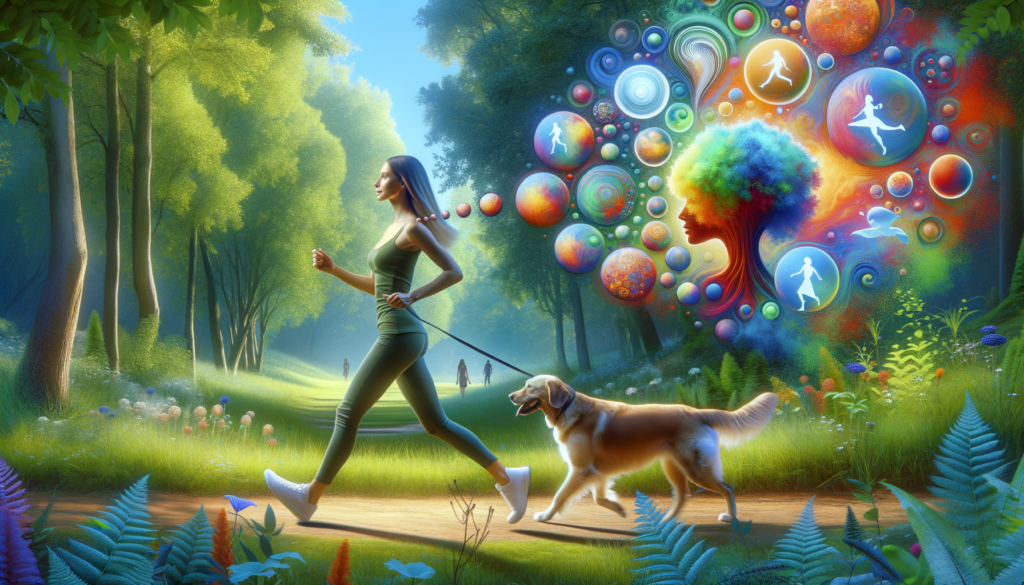 A person experiencing an inner dialogue while walking in a park, with thought bubbles and abstract visual representations of positive affirmations and success.