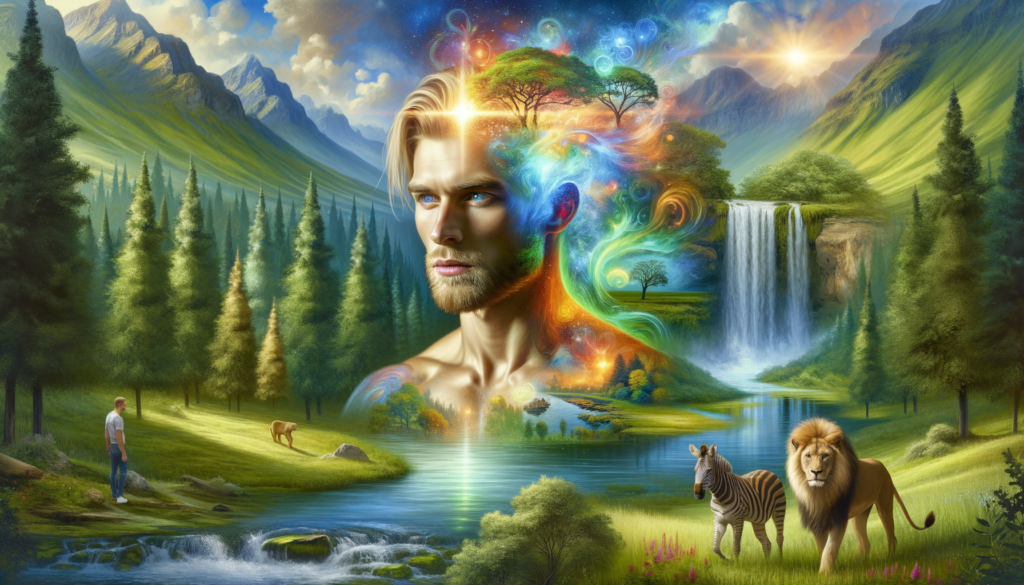 A person standing in a natural setting, surrounded by elements representing perception and consciousness, with a glowing head and abstract visuals depicting positive thoughts and beliefs.