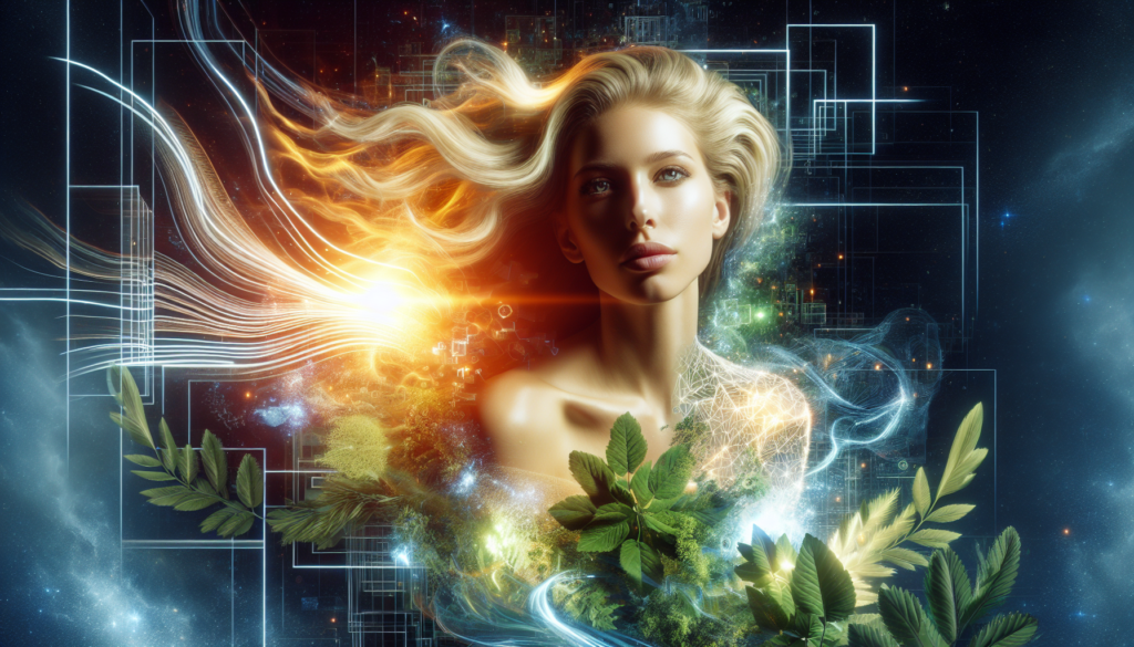 A person with a radiant glow standing in a natural setting, symbolizing the unique qualities of human beings that ensure their superiority over AI, with elements of digital code subtly blending into the background.