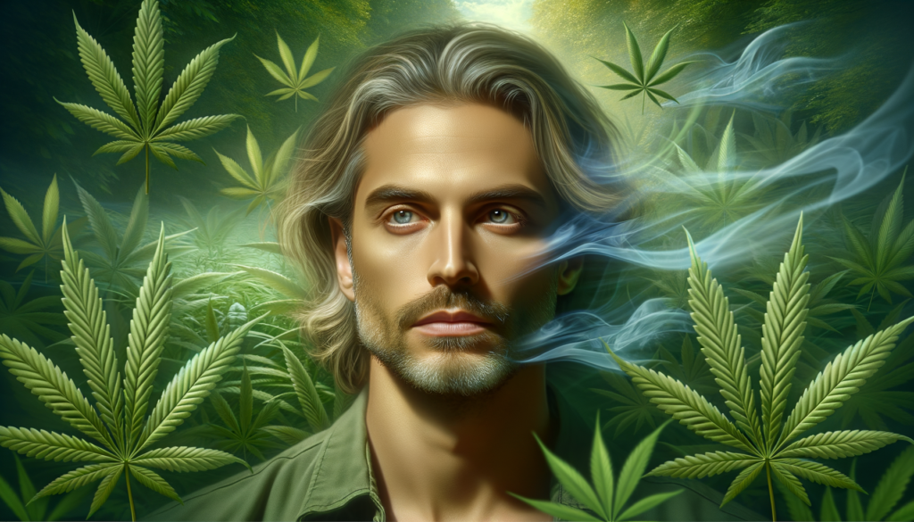 A person contemplating spiritual growth, surrounded by nature, with subtle visual elements representing marijuana and mindfulness.