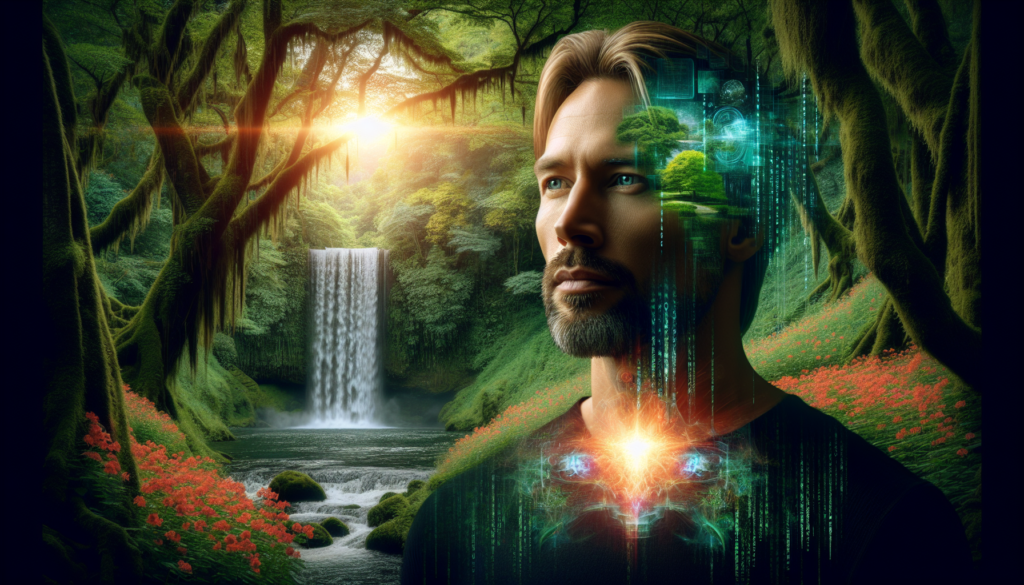 A person standing in a stunning natural setting with elements of digital code and abstract visuals blending into the environment, symbolizing the concept of living in a simulation, with a radiant glow around their head representing heightened consciousness and awareness.