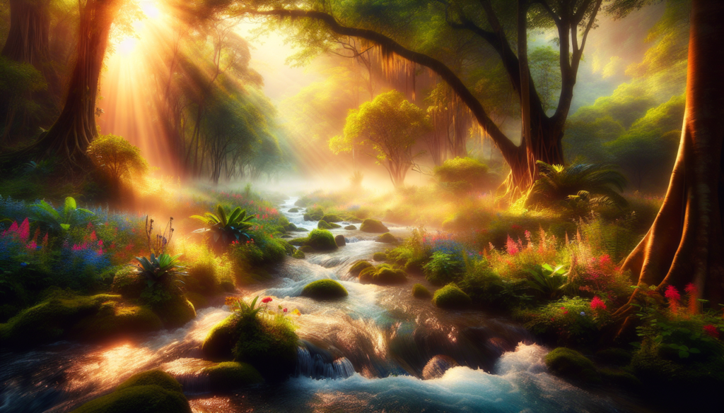 A breathtaking photorealistic and artistic image of a serene landscape with a gentle stream flowing through a lush, vibrant forest. Sunlight filters through the dense canopy, casting a golden glow that symbolizes grace and the natural flow of life. The scene is enhanced with ethereal elements like soft mist rising from the water and colorful wildflowers along the stream banks, creating a magical, harmonious atmosphere. The image blends realism with artistic creativity to convey the spiritual essence of grace in a truly captivating and enchanting way.