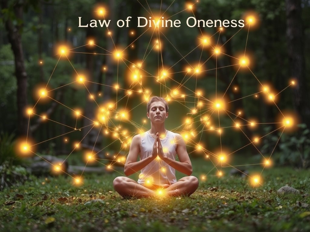 Person meditating surrounded by interconnected light, symbolizing the Law of Divine Oneness