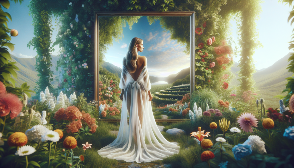 A person standing in front of a large, reflective mirror in a natural setting, symbolizing how the world reflects their inner state. The mirror shows a vibrant, beautiful landscape, representing the connection between inner emotions and outer reality.