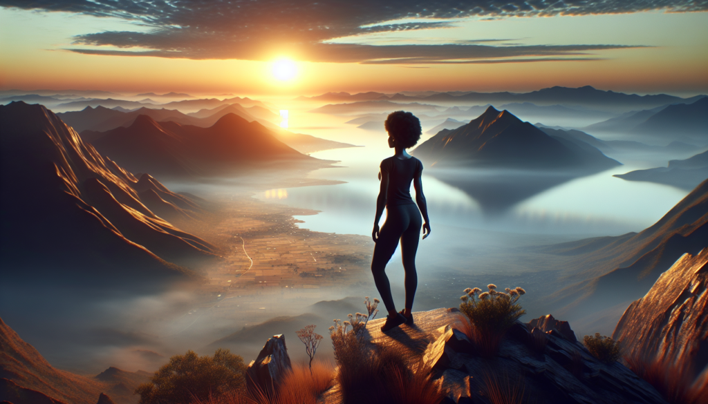 A serene scene of a person standing at the edge of a cliff, overlooking a vast, beautiful landscape with the sun rising, symbolizing trust in the unknown and the universe's guidance.