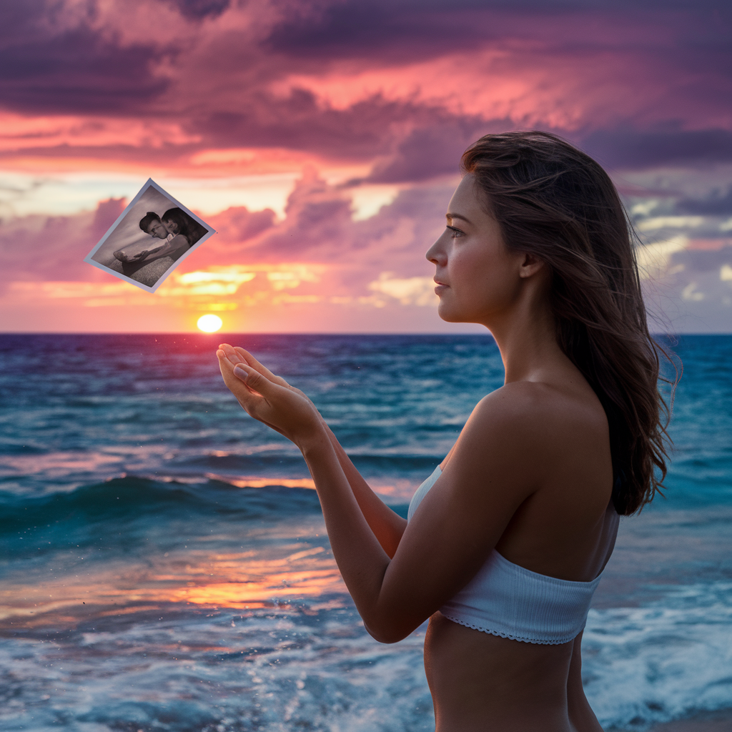 A woman standing at the water's edge on a beach at sunset, releasing a photograph into the breeze, symbolizing letting go of a relationship, with warm sunset colors reflecting on the ocean.