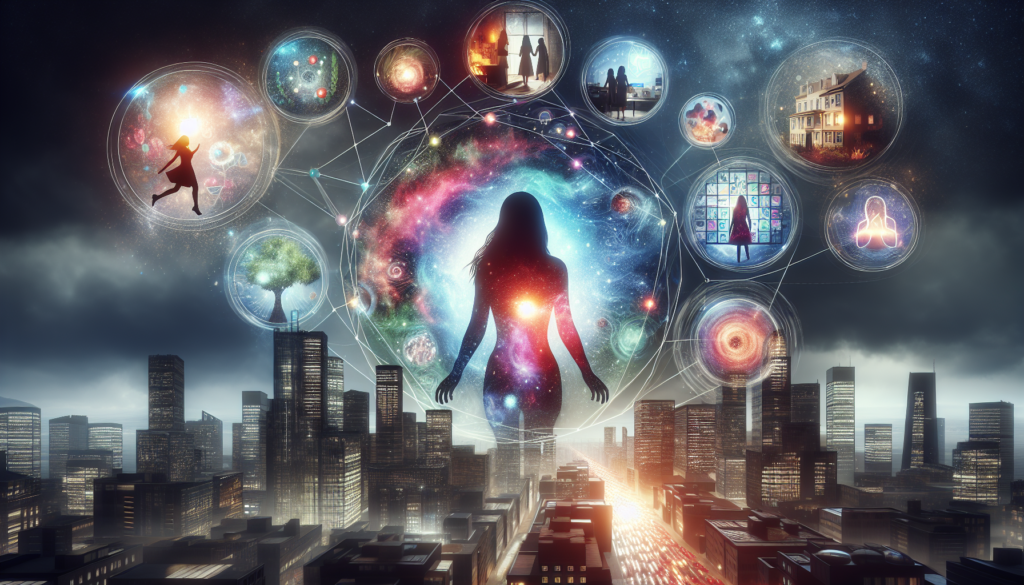 A person standing at the center of a bustling city, with their silhouette filled with a vibrant, photorealistic galaxy, symbolizing the universe within. Around them are transparent panels displaying scenes of manifested dreams like a dream house, career achievements, and meaningful relationships. Each panel is connected to the person by streams of light and energy. The city is dynamic, emphasizing how the individual is the center of their universe, actively manifesting their reality.