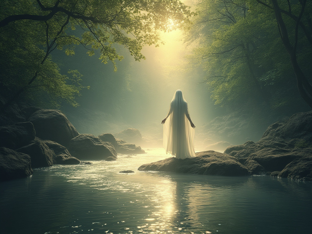 A serene, peaceful landscape with a soft glowing light symbolizing the passage of a soul. A figure stands by a flowing river, with light swirling around them, representing the eternal nature of consciousness and the continuation of the soul's journey.