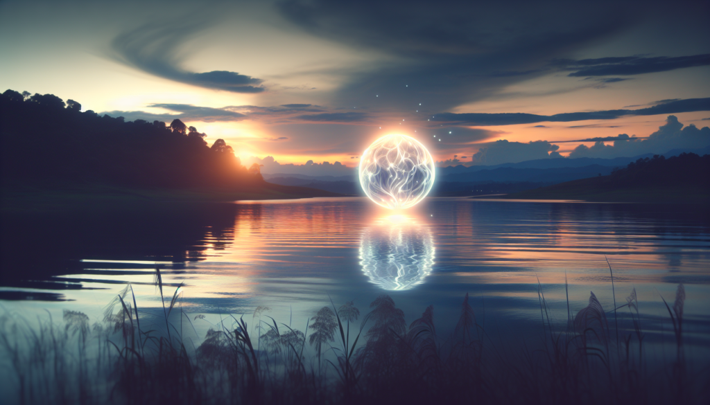 Photo-realistic image of a glowing orb hovering above a calm body of water at twilight, symbolizing divine dialogue and spiritual connection.