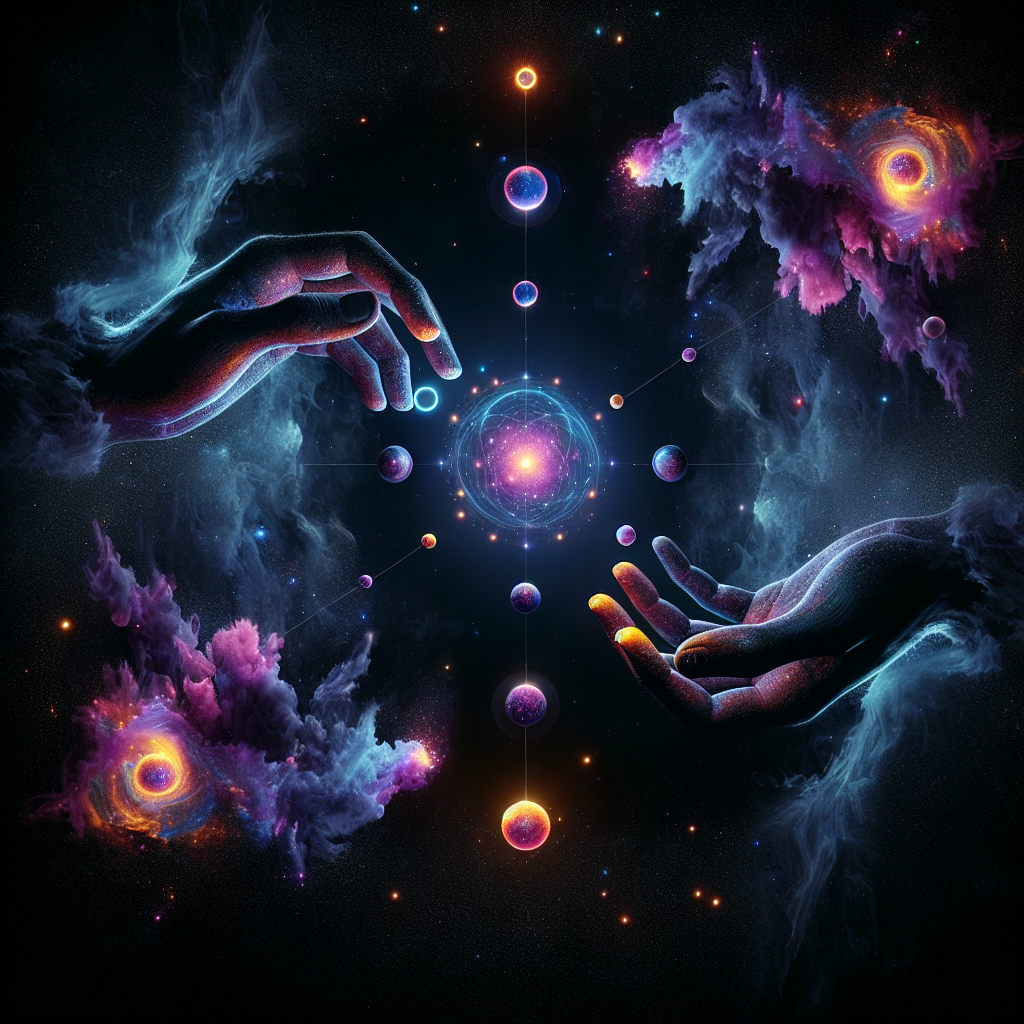 A mysterious, cosmic scene with two mirrored hands reaching toward one another, representing the universe and the mind, with glowing symbols of synchronicity floating between them.