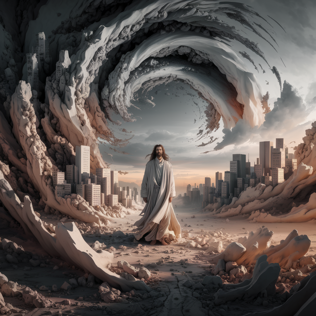 A dynamic scene where a swirling vortex of chaos transitions into a harmonious landscape, with a figure standing in the center witnessing the transformation from disorder to order.

