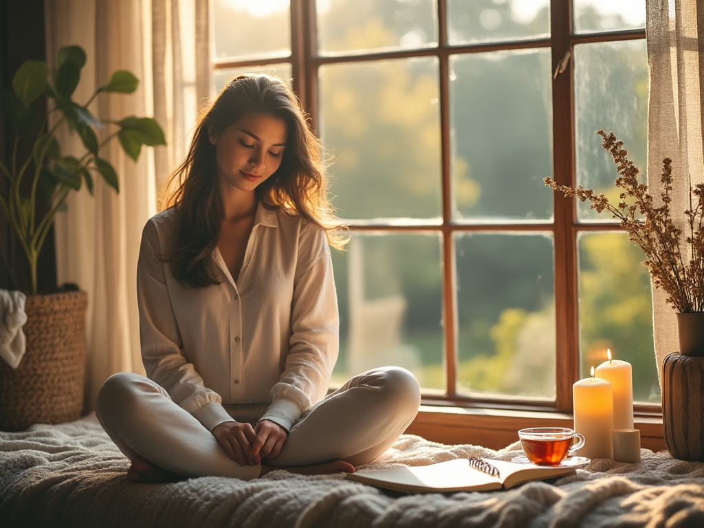 A serene morning scene with a person engaged in a peaceful ritual by a large window, with sunlight streaming in and a journal, tea, and candles nearby, symbolizing setting a positive energetic tone for the day.