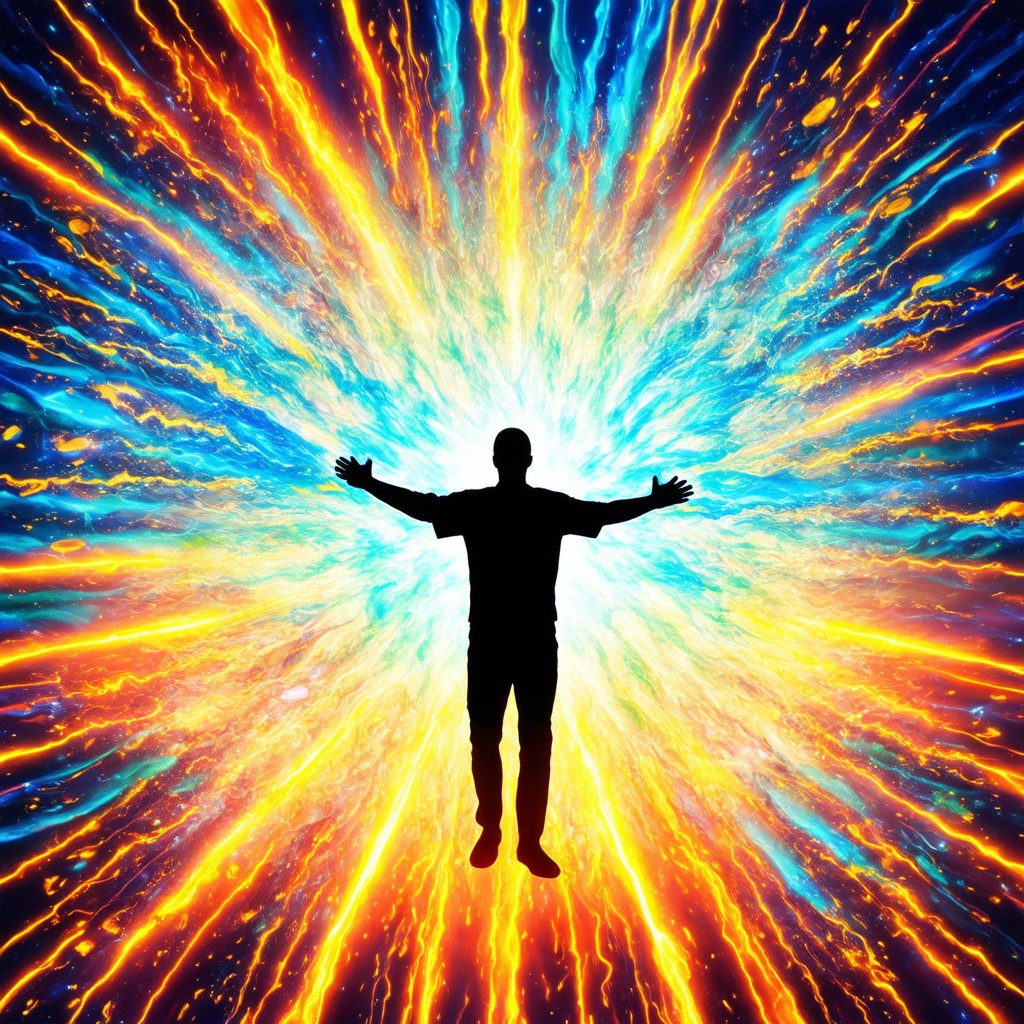 A vibrant scene showing a person surrounded by radiant waves of energy, symbolizing the role of positive emotions in manifestation, with abstract patterns representing alignment with universal energy.