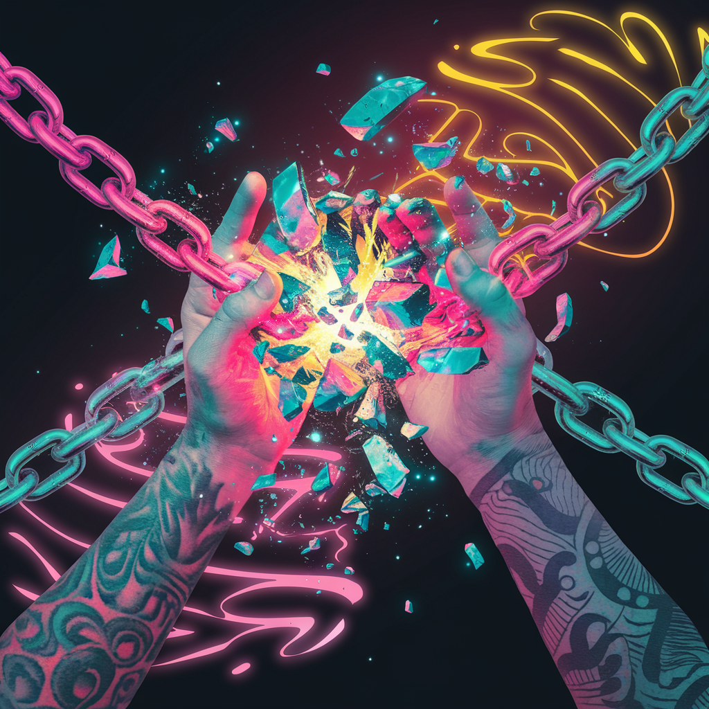 A transformative scene of vibrant energy being released from broken chains, symbolizing forgiveness and the release of past wounds, with glowing abstract patterns representing healing and the unfolding of a new future.