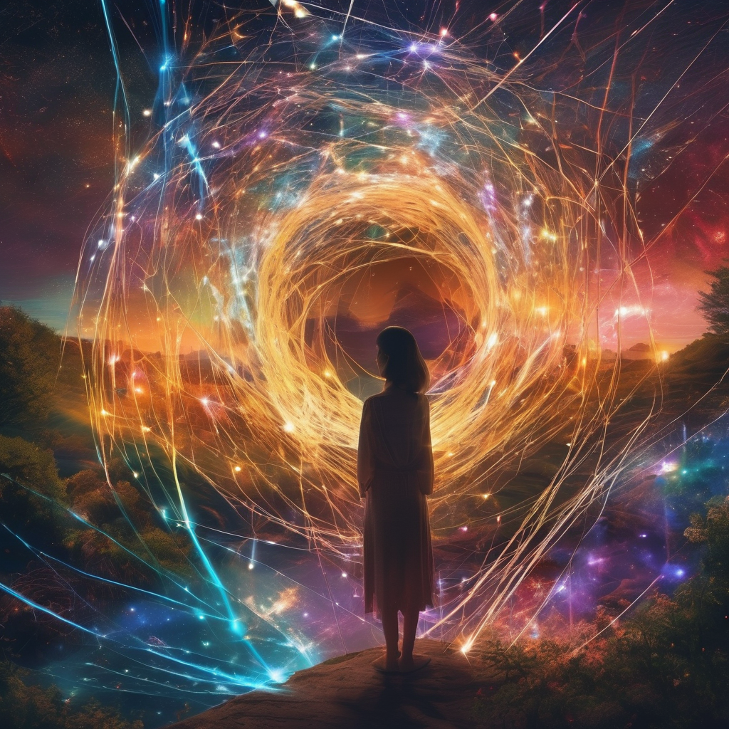 A visually captivating scene showing vibrant threads of light connecting people, nature, and the cosmos, symbolizing the unity of all things and the dissolution of the illusion of separation.