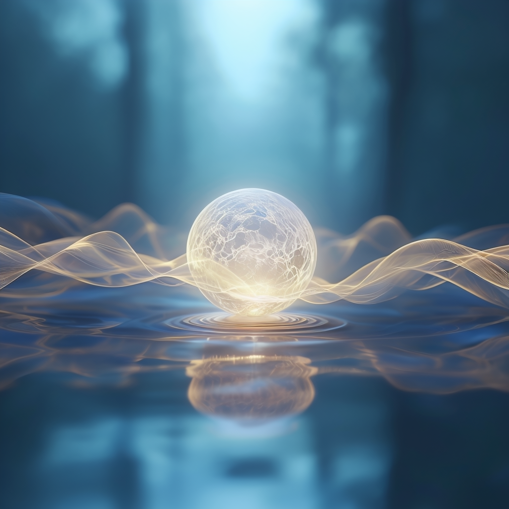 A serene and peaceful scene with a glowing orb radiating calm energy at the center, surrounded by flowing patterns of light symbolizing the flow of time and life, evoking the tranquility of living fully in the present moment.