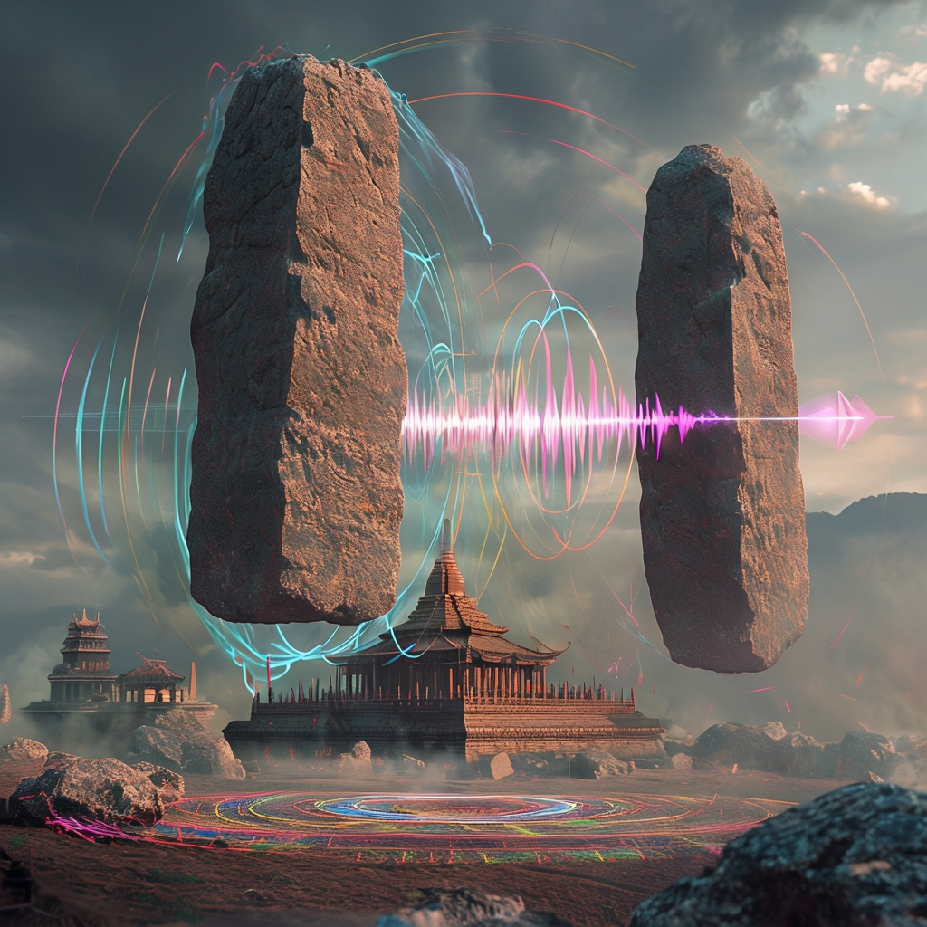 A mysterious scene with large ancient stones levitating above the ground, surrounded by vibrant sound waves and energy patterns, with an ancient temple under construction in the background, suggesting the use of sound to lift the stones.