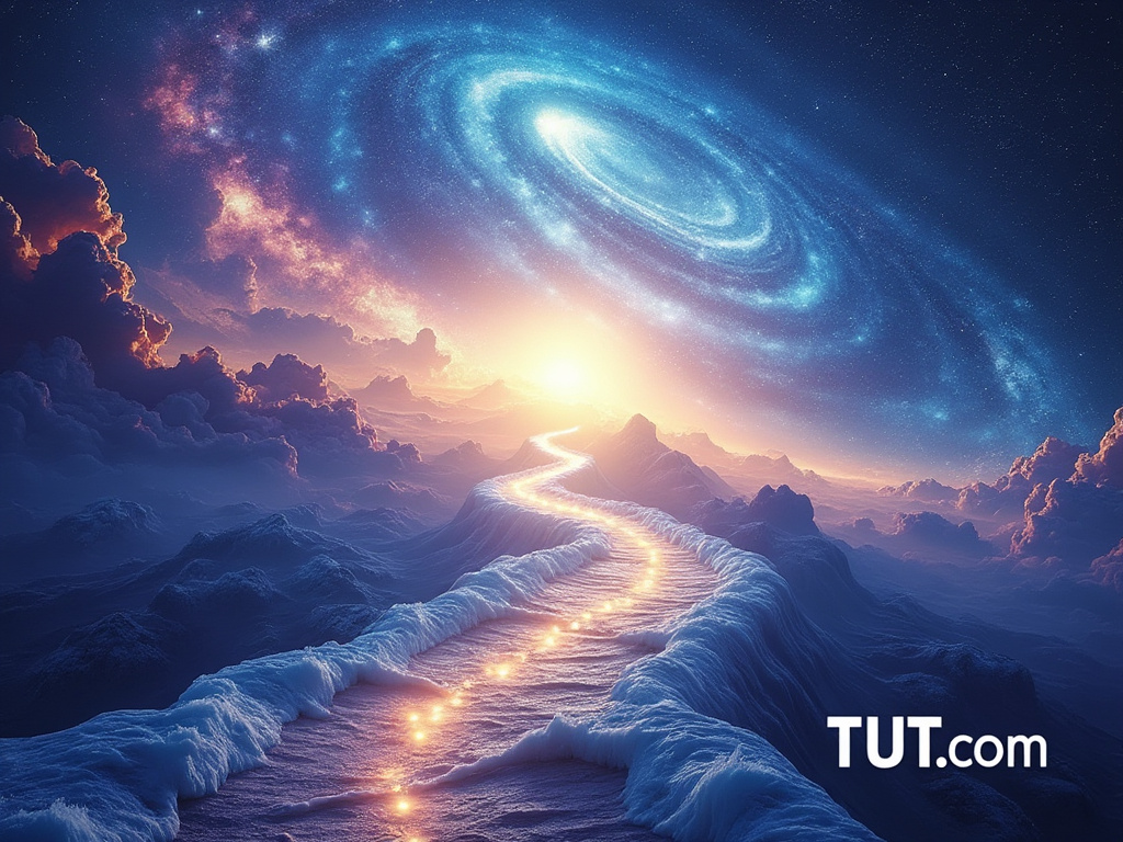 A radiant cosmic scene with pathways extending in multiple directions, symbolizing infinite possibilities and the universe’s support, evoking TUT.com’s philosophy of limitless potential.