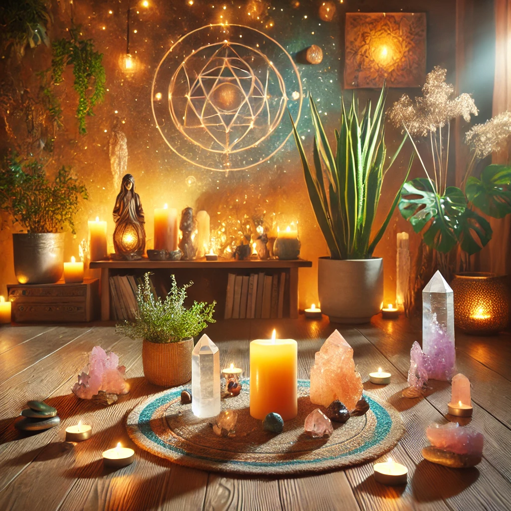 A serene sacred space with soft lighting, glowing candles, crystals, and spiritual symbols arranged harmoniously. Natural elements like plants and wooden textures create a warm, inviting, and energetically aligned environment.