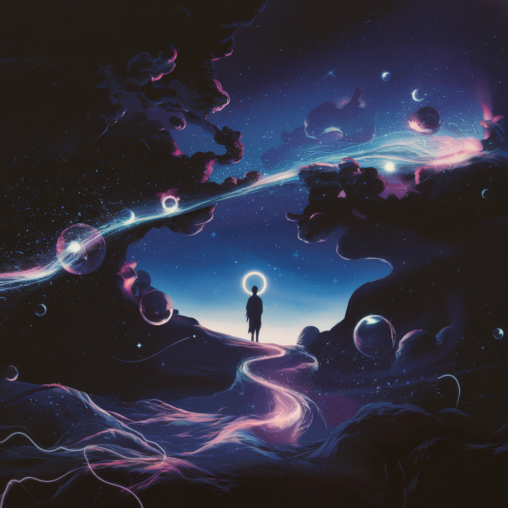 A mystical scene featuring a vast, star-filled cosmos with glowing orbs and abstract pathways, symbolizing the mystery of being. A figure stands at the edge of a luminous expanse, gazing into the infinite unknown, evoking curiosity and wonder.