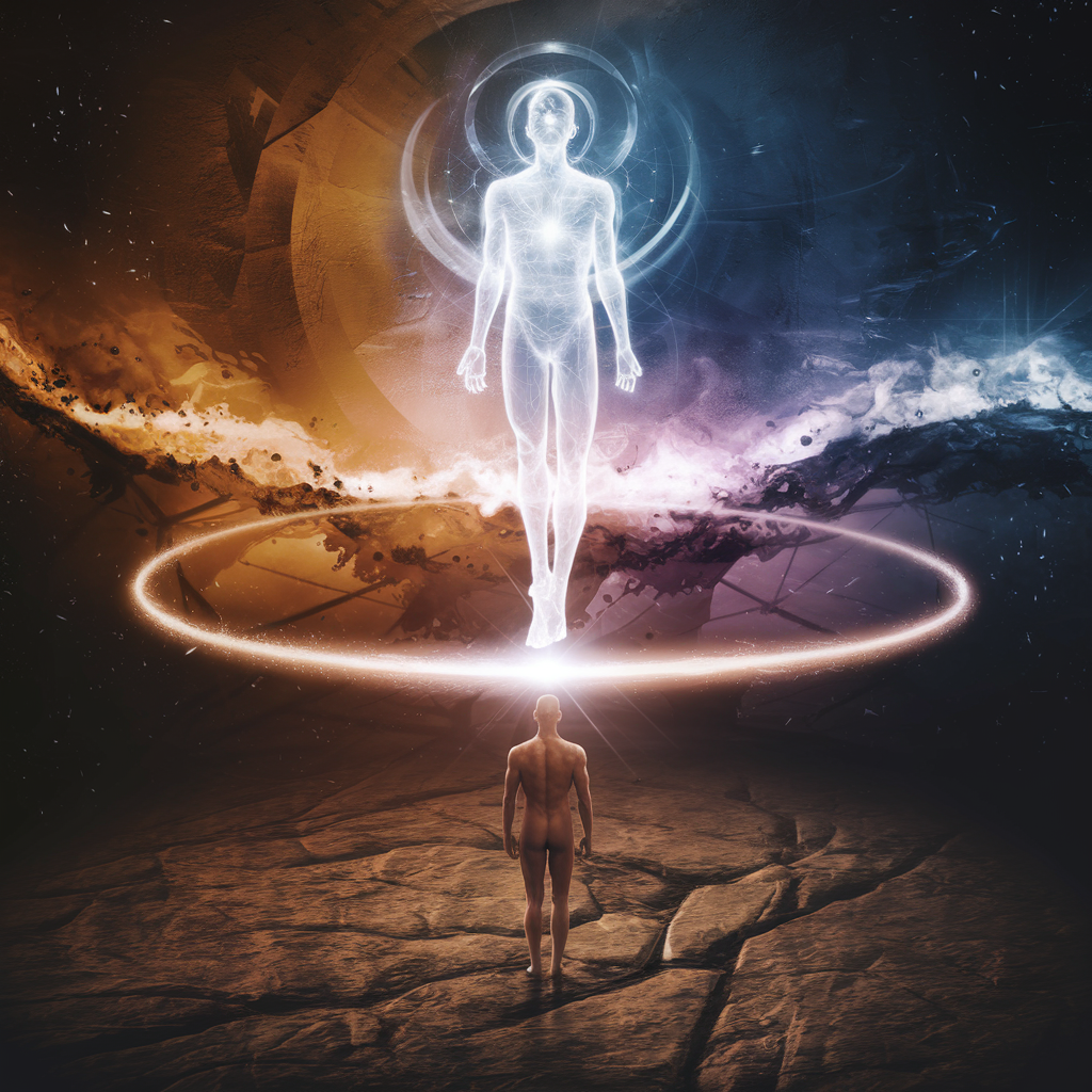 A symbolic image showing a luminous pathway connecting a grounded human figure to a glowing, ethereal higher self. The scene symbolizes the ego’s role in balancing individuality with spiritual alignment, featuring abstract cosmic patterns blending earthly and spiritual elements.