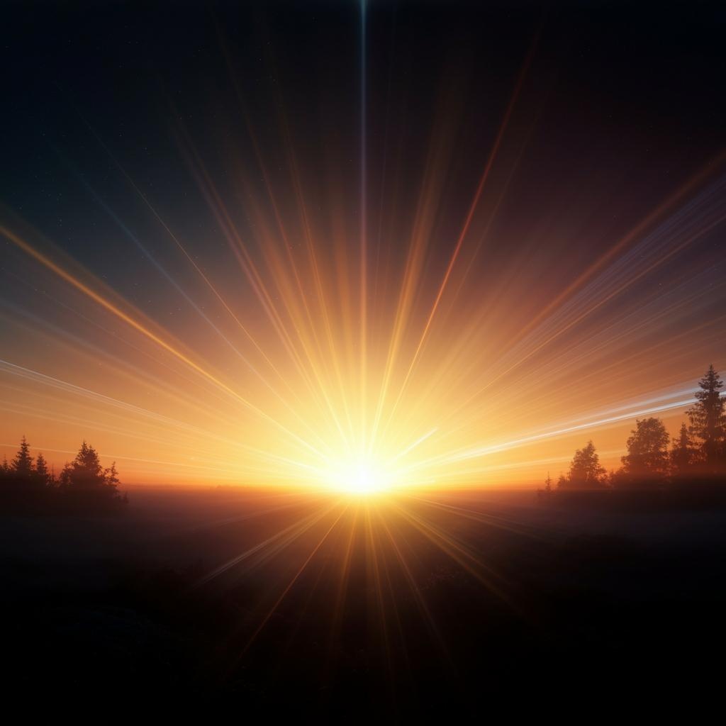 A symbolic image of a glowing sunrise over a serene landscape, with a radiant horizon representing the transition from 2024 to 2025 as a year of awakening. Shimmering light trails and stars evoke hope, transformation, and infinite possibilities.