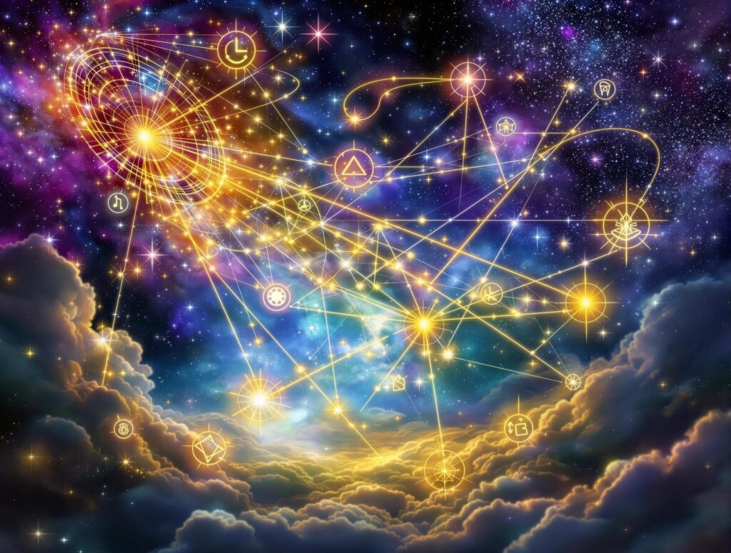 A mystical scene symbolizing synchronicities and universal alignment, with glowing threads of light connecting symbols like a clock and a starry sky. The vibrant, cosmic background evokes the flow of energy and interconnectedness, guiding the journey of life.