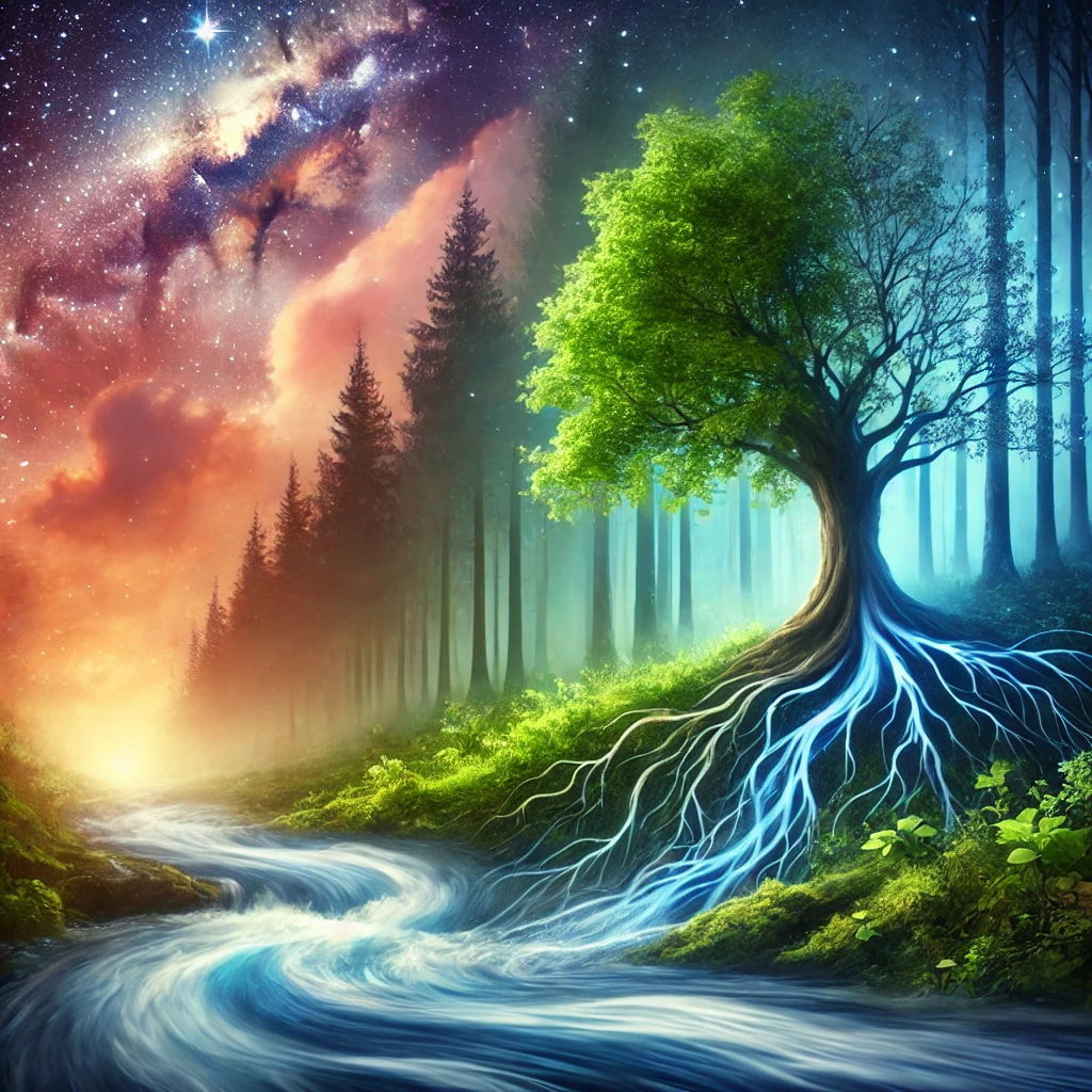 A serene image of a vibrant forest blending into a starry night sky, with flowing water symbolizing adaptability and a resilient tree with deep roots and sprawling branches representing strength and balance. Soft glowing light highlights harmony and the journey of life.